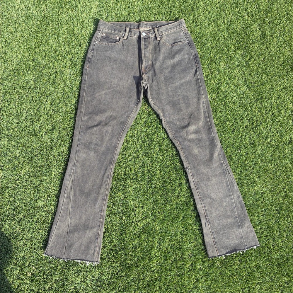 MNML Mens 31x31 Washed Dark Gray Flared Denim Jeans Raw Hem Button Fly